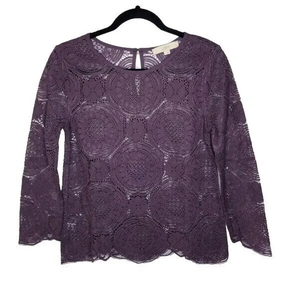 Ann Taylor Sheer Laced Long Sleeve Top Round Neck Key Hole Button XS Plum #4224